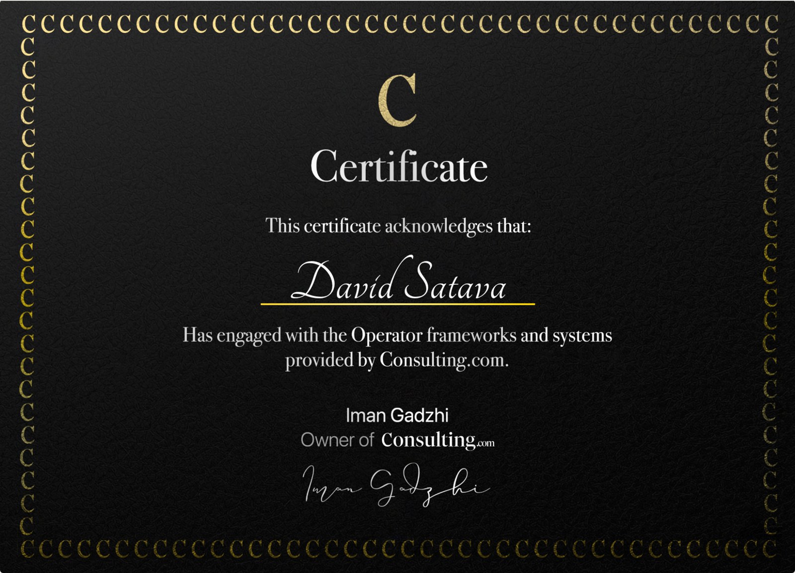 Certificate of completion issued to David Satava by Consulting.com for the Operator frameworks and systems